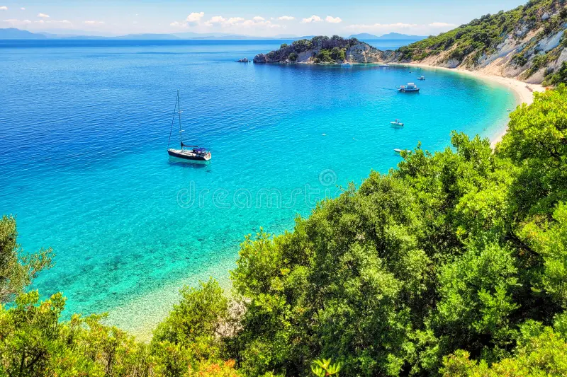 view turquoise sea boats gidaki beach ithaka ithaca ithaki island view turquoise sea boats gidaki beach 276048675